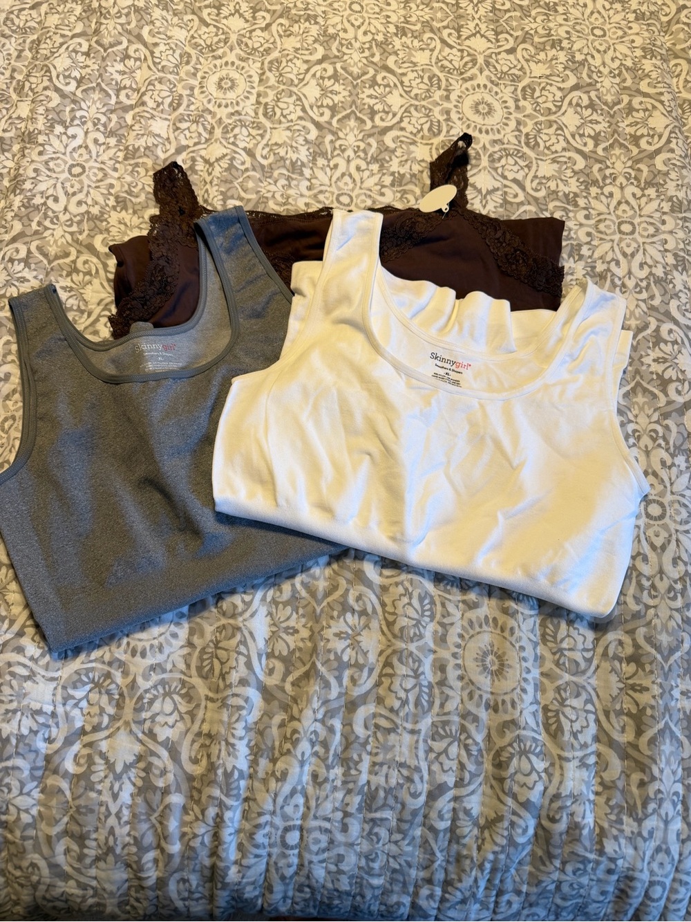 Skinnygirl Tank & Lace Camisole Set - White, Gray, Brown